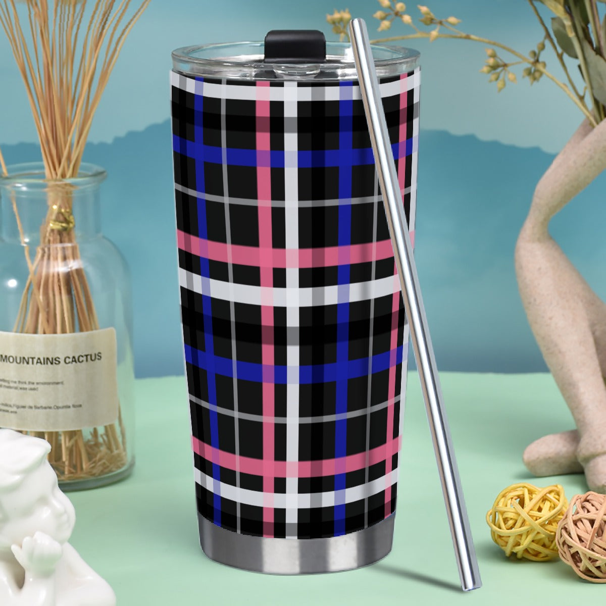 Genderfluid/Raven Tartan Plaid Hot/Cold Tumbler with Steel Straw (20oz )