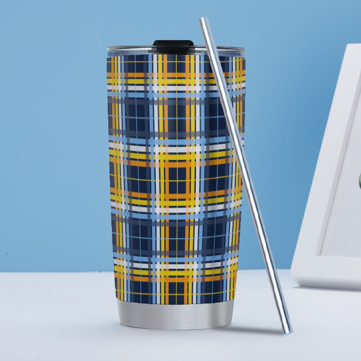 Aroace - V1/Navy Tartan Plaid Hot/Cold Tumbler with Steel Straw (20oz )