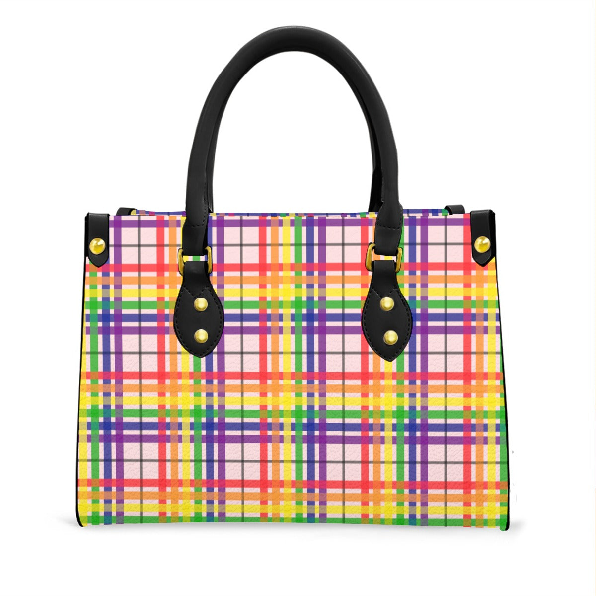 Rainbow/Tartlet Tartan Plaid Tote Bag with Black Handles and Zippered Pockets