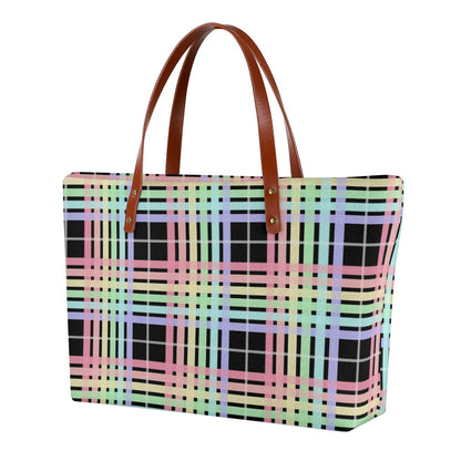 Pastel Rainbow/Black Tartan Plaid Zippered Neoprene Tote Bag