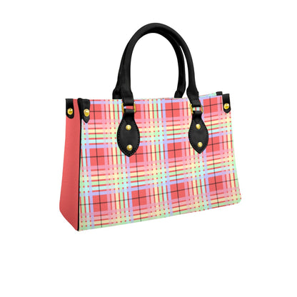 Pastel Rainbow/Rich Salmon Tartan Plaid Tote Bag with Black Handles and Zippered Pockets