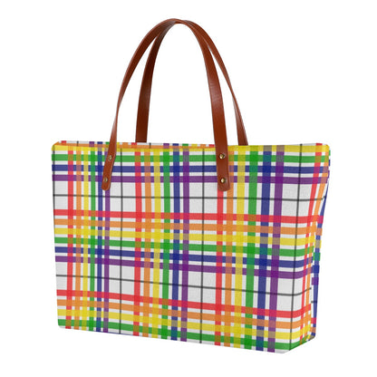 Rainbow/White Tartan Plaid Zippered Neoprene Tote Bag