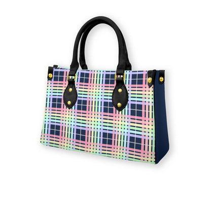 Pastel Rainbow/Navy Tartan Plaid Tote Bag with Black Handles and Zippered Pockets