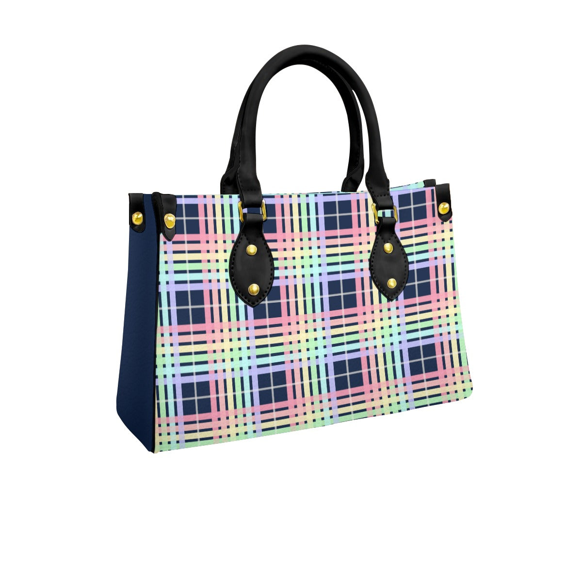 Pastel Rainbow/Navy Tartan Plaid Tote Bag with Black Handles and Zippered Pockets