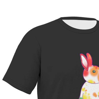 Rainbow Nosy Neighbour Bunny with Black Background Relaxed Fit O-Neck T-Shirt