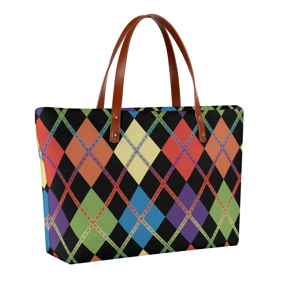 Muted Rainbow/Black Solid Argyle Zippered Neoprene Tote Bag