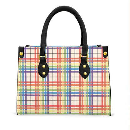 Muted Rainbow/Buttermilk Tartan Plaid Tote Bag with Black Handles and Zippered Pockets