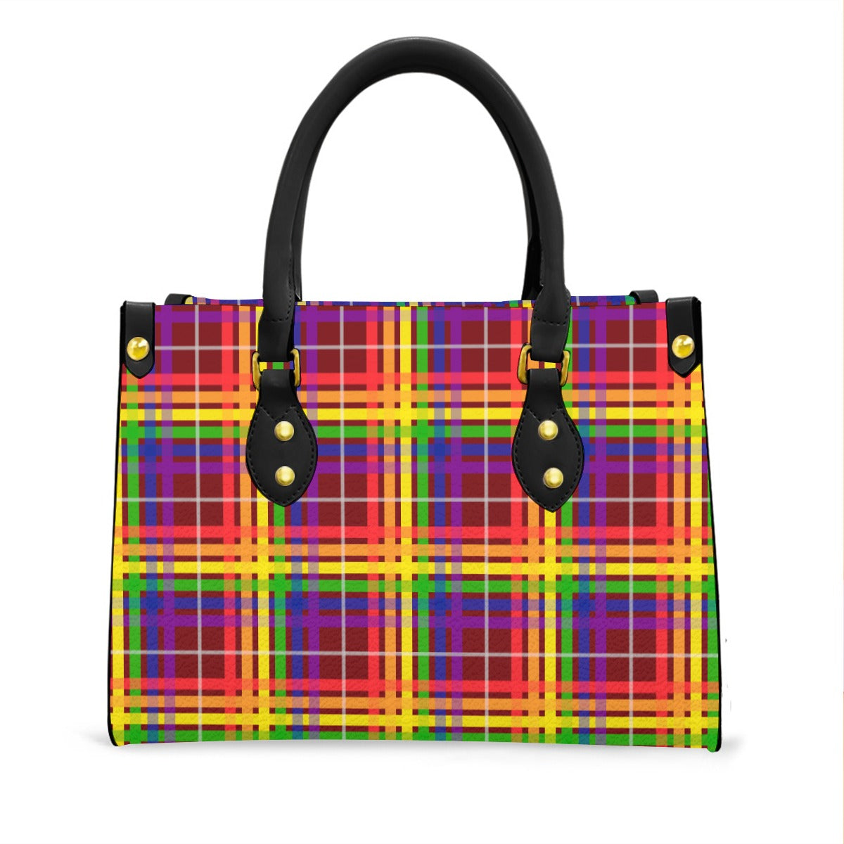 Rainbow/Japanese Maple Tartan Plaid Tote Bag with Black Handles and Zippered Pockets