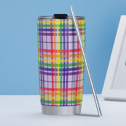 Rainbow/Lilac Tartan Plaid Hot/Cold Tumbler with Steel Straw (20oz )