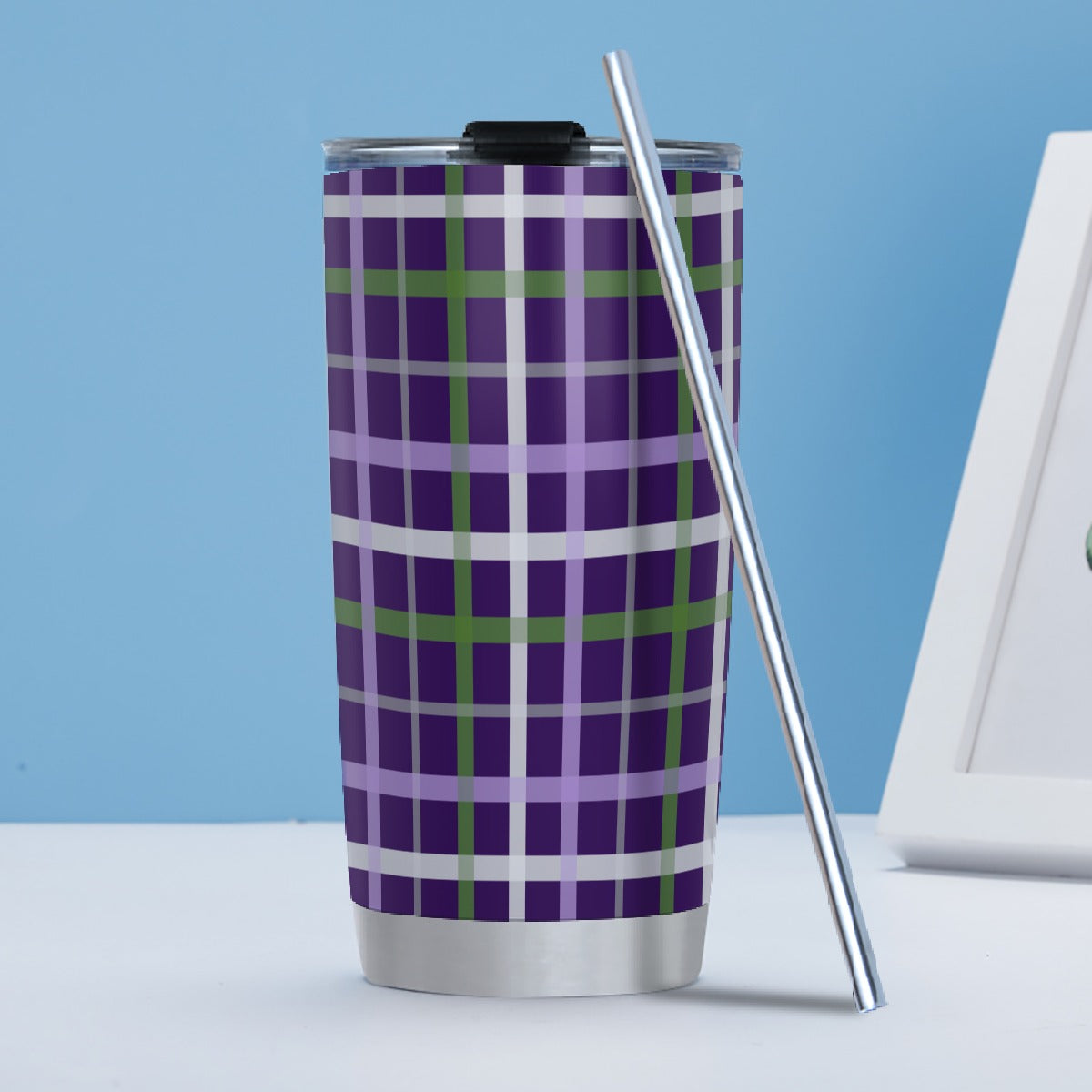 Genderqueer/Eggplant Tartan Plaid Hot/Cold Tumbler with Steel Straw (20oz )