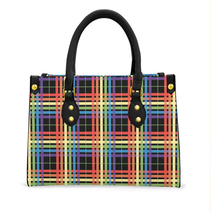 Muted Rainbow/Black Tartan Plaid Tote Bag with Black Handles and Zippered Pockets