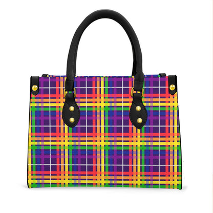 Rainbow/Eggplant Tartan Plaid Tote Bag with Black Handles and Zippered Pockets