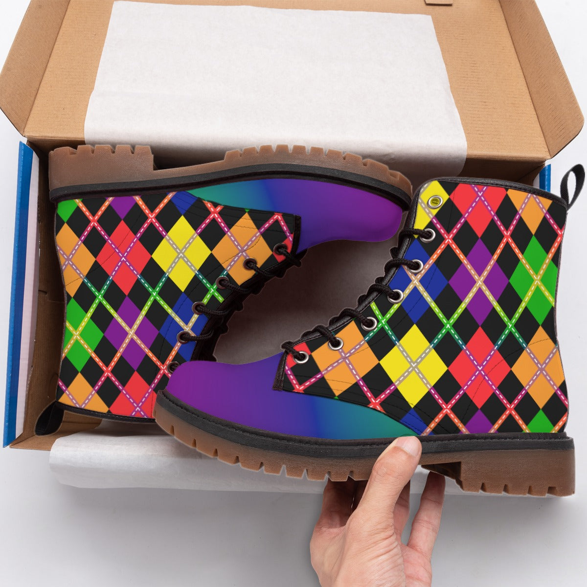 Rainbow Argyle/Gradient Wide Fit/Mens Vegan Leather Martin Boots