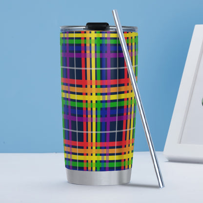 Rainbow/Navy Tartan Plaid Hot/Cold Tumbler with Steel Straw (20oz )