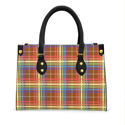 Muted Rainbow/Spice Tartan Plaid Tote Bag with Black Handles and Zippered Pockets