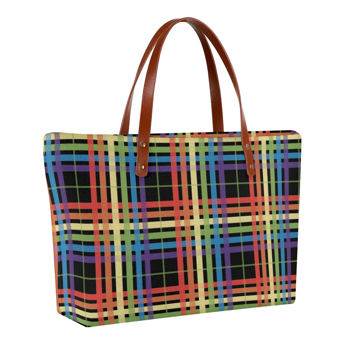 Muted Rainbow/Black Tartan Plaid Zippered Neoprene Tote Bag