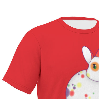 Rainbow Spotted Bunny with Red Background Relaxed Fit O-Neck T-Shirt