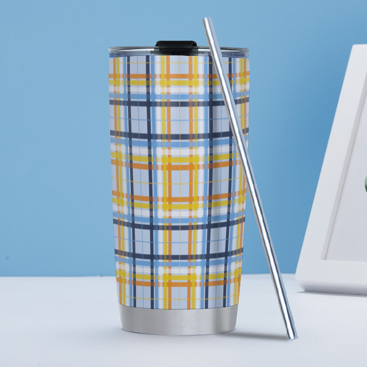 Aroace - V1/Ice Blue Tartan Plaid Hot/Cold Tumbler with Steel Straw (20oz )