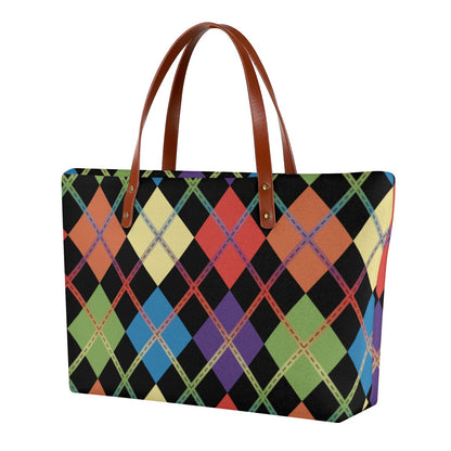 Muted Rainbow/Black Solid Argyle Zippered Neoprene Tote Bag