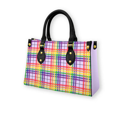 Rainbow/Lilac Tartan Plaid Tote Bag with Black Handles and Zippered Pockets