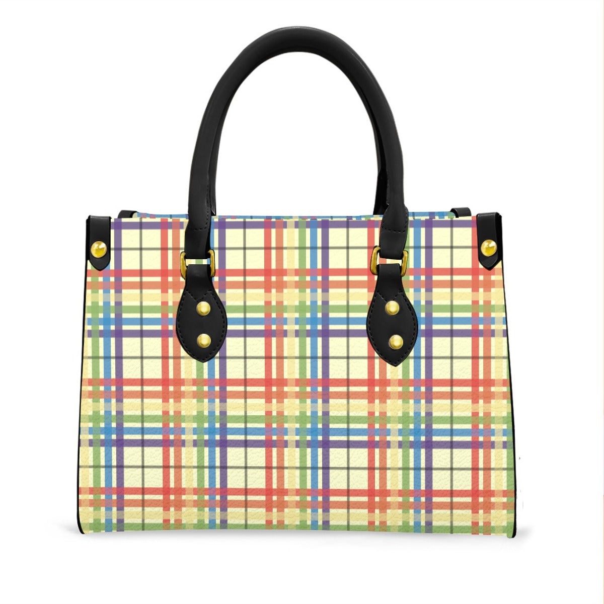 Muted Rainbow/Lemon Chiffon Tartan Plaid Tote Bag with Black Handles and Zippered Pockets