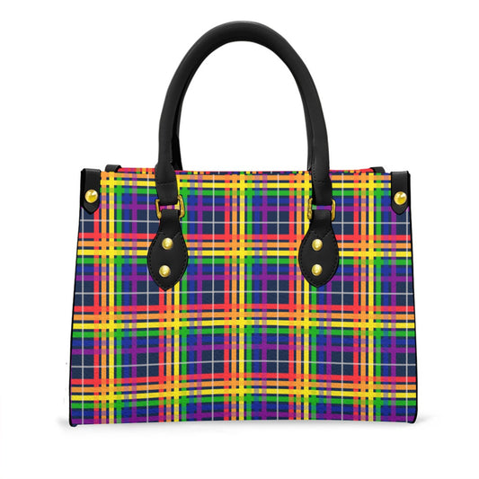 Rainbow/Navy Tartan Plaid Tote Bag with Black Handles and Zippered Pockets