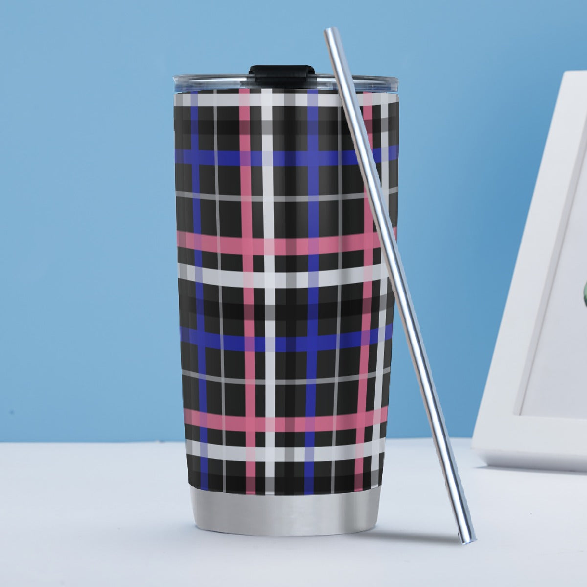 Genderfluid/Raven Tartan Plaid Hot/Cold Tumbler with Steel Straw (20oz )