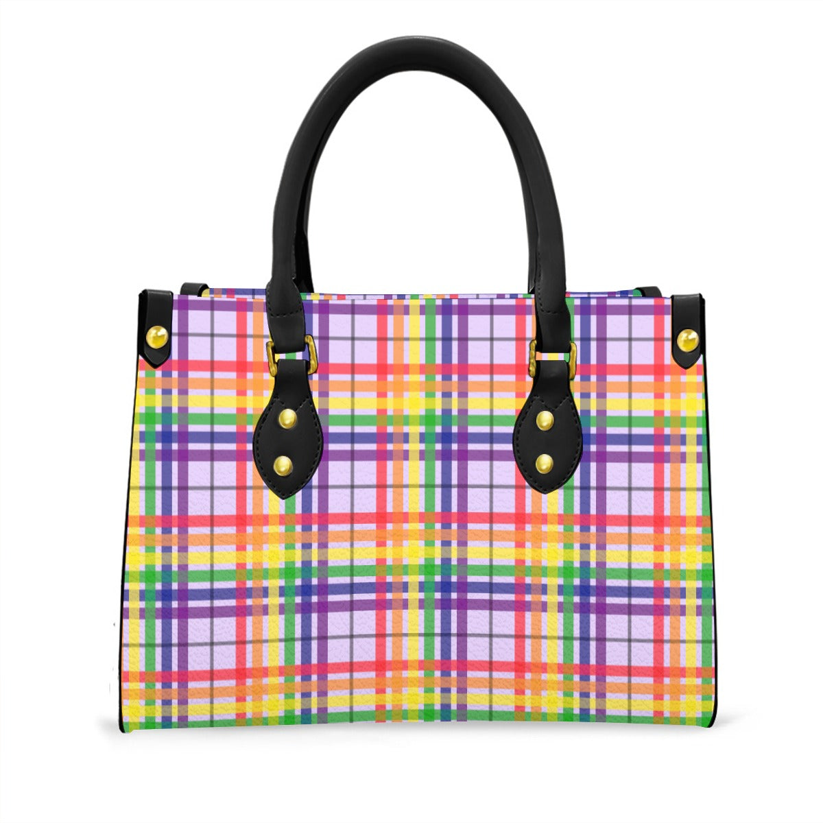 Rainbow/Lilac Tartan Plaid Tote Bag with Black Handles and Zippered Pockets