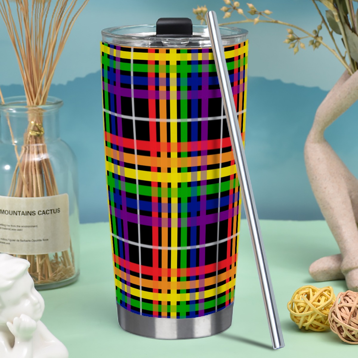 Rainbow/Black Tartan Plaid Hot/Cold Tumbler with Steel Straw (20oz )