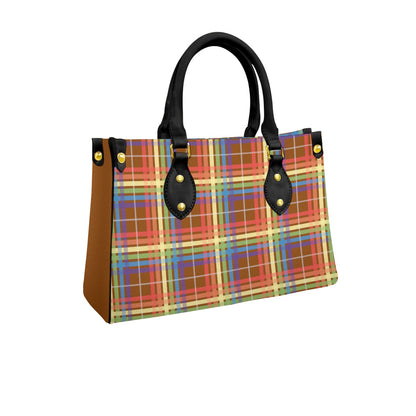 Muted Rainbow/Spice Tartan Plaid Tote Bag with Black Handles and Zippered Pockets