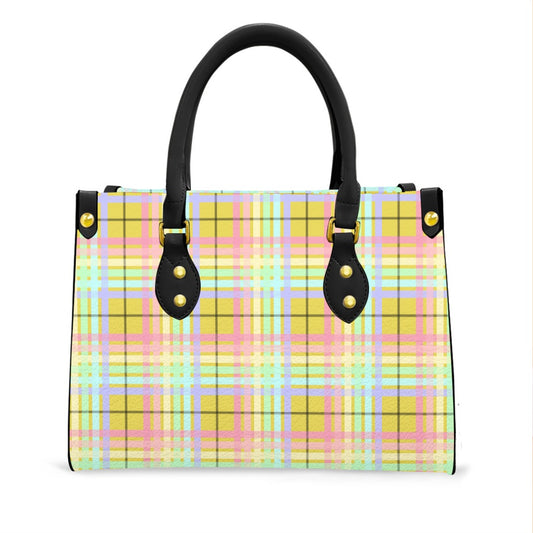 Pastel Rainbow/Citrus Spice Tartan Plaid Tote Bag with Black Handles and Zippered Pockets