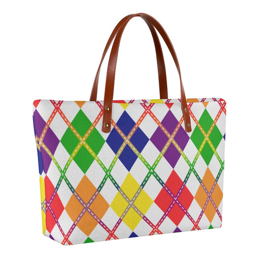 Rainbow/White Solid Argyle Zippered Neoprene Tote Bag