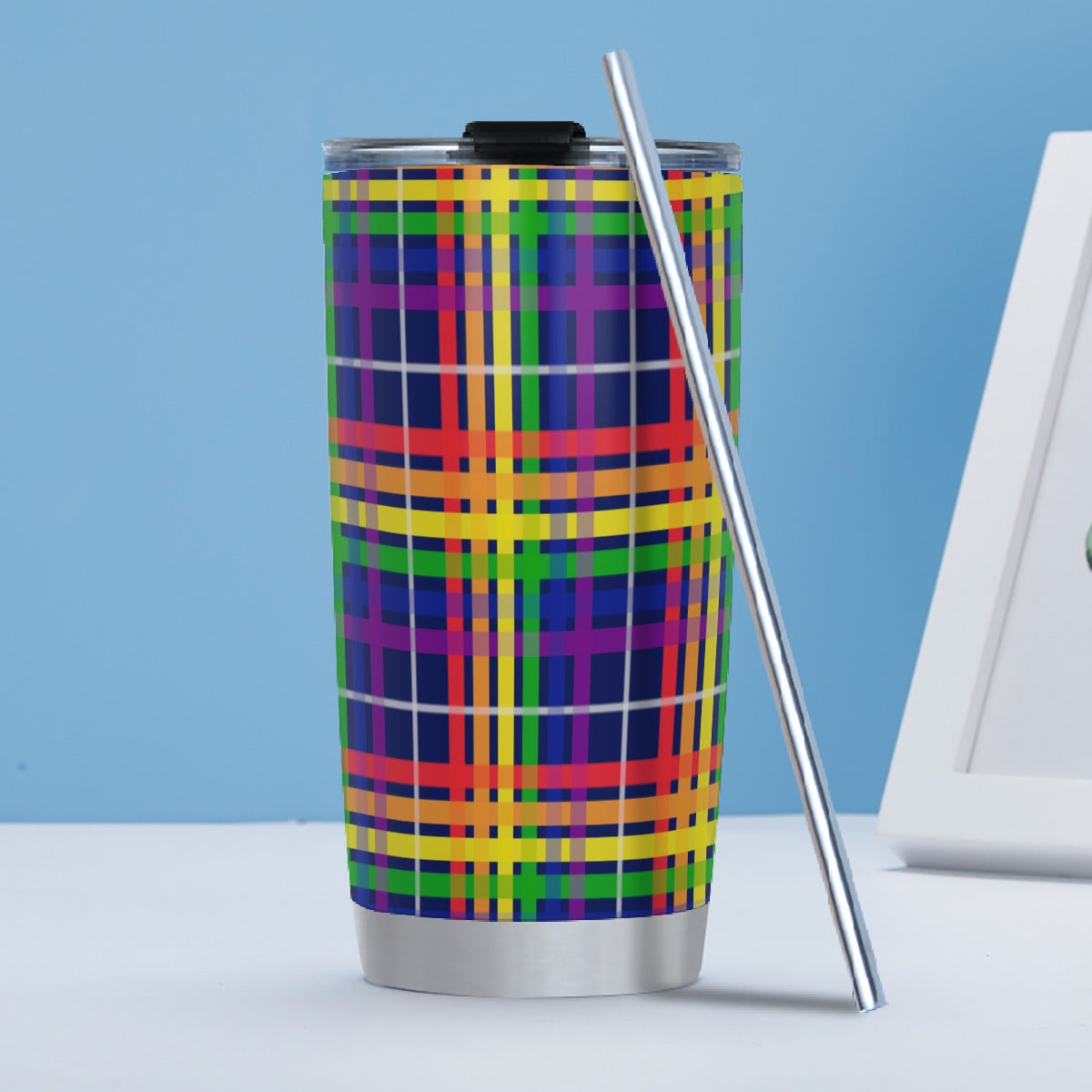 Rainbow/Interstellar Tartan Plaid Hot/Cold Tumbler with Steel Straw (20oz )