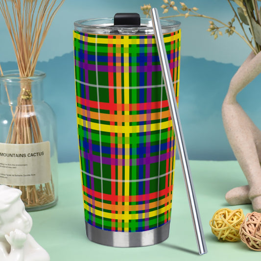 Rainbow/Myrtle Tartan Plaid Hot/Cold Tumbler with Steel Straw (20oz )