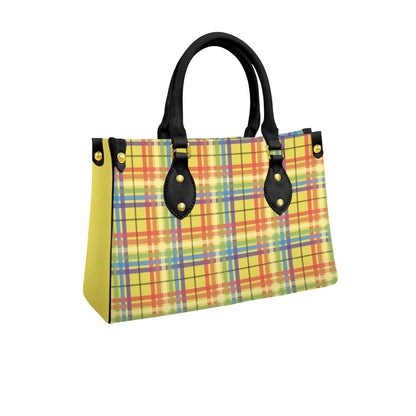 Muted Rainbow/Citrus Sugar Tartan Plaid Tote Bag with Black Handles and Zippered Pockets