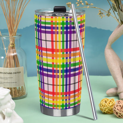 Rainbow/Tartlet Tartan Plaid Hot/Cold Tumbler with Steel Straw (20oz )