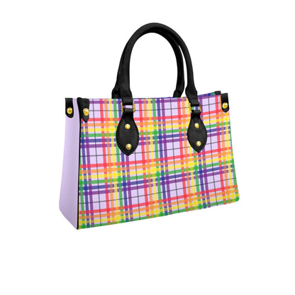 Rainbow/Lilac Tartan Plaid Tote Bag with Black Handles and Zippered Pockets