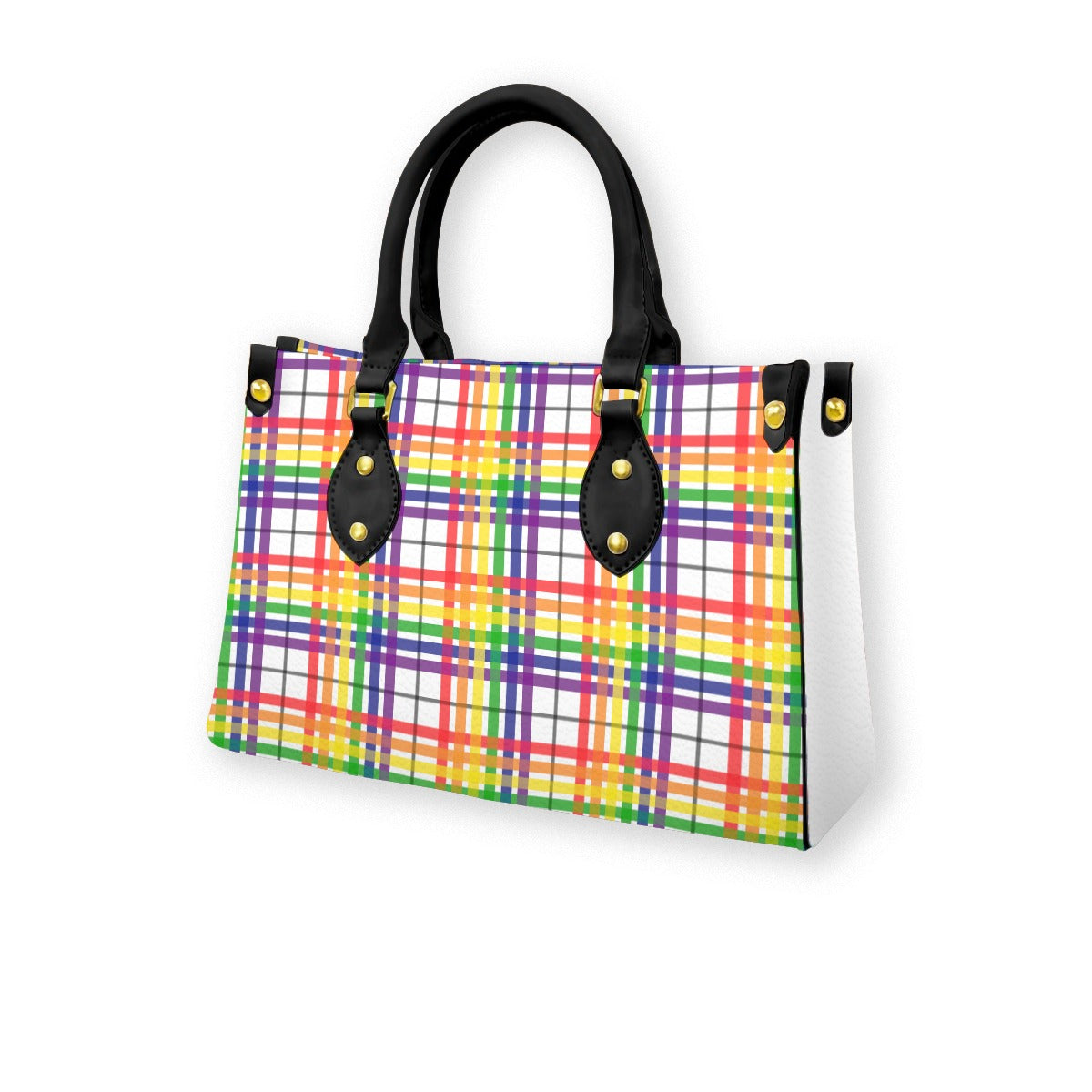 Rainbow/White Tartan Plaid Tote Bag with Black  and Zippered Pockets