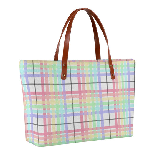 Pastel Rainbow/White Tartan Plaid Zippered Neoprene Tote Bag