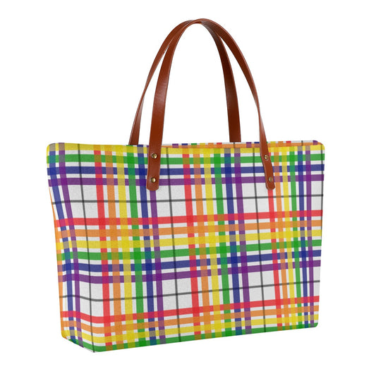 Rainbow/White Tartan Plaid Zippered Neoprene Tote Bag