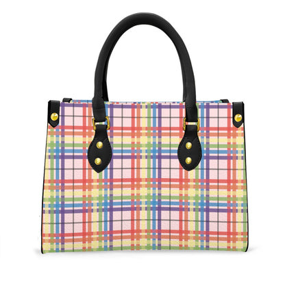 Muted Rainbow/Tartlet Tartan Plaid Tote Bag with Black Handles and Zippered Pockets