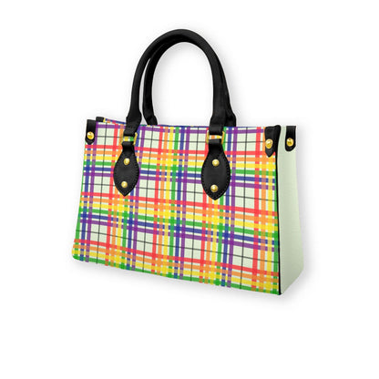 Rainbow/Celadon Tartan Plaid Tote Bag with Black Handles and Zippered Pockets