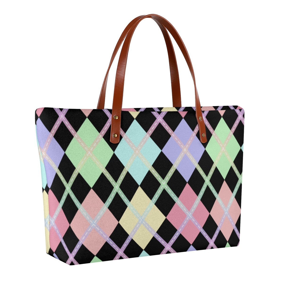 Pastel Rainbow/Black Solid Argyle Zippered Neoprene Tote Bag