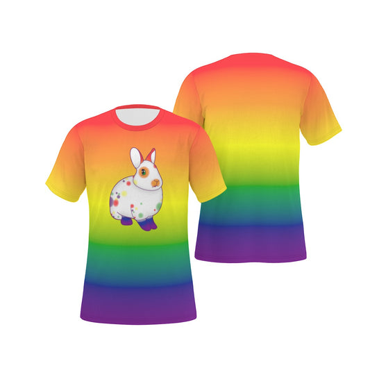 Rainbow Spotted Bunny with Gradient Background Relaxed Fit O-Neck T-Shirt