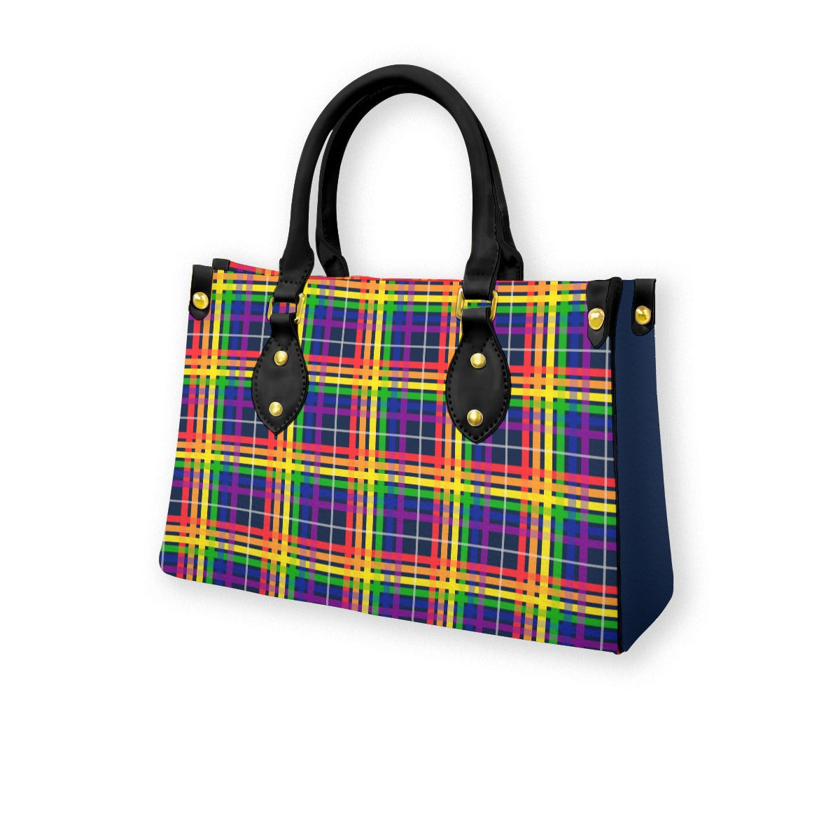 Rainbow/Navy Tartan Plaid Tote Bag with Black Handles and Zippered Pockets