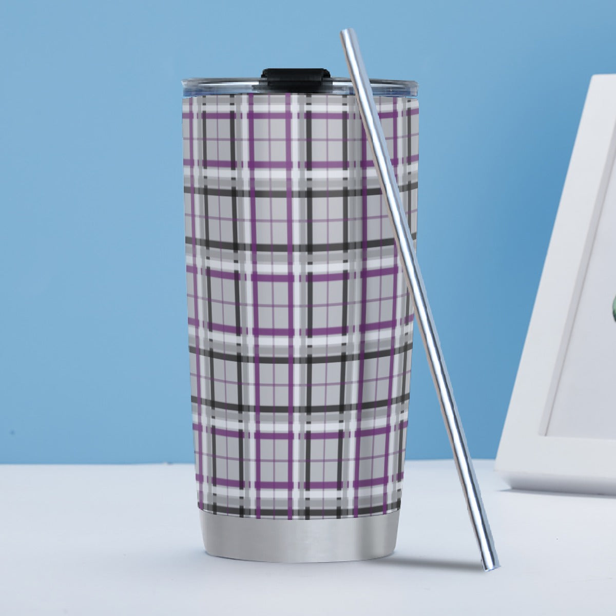 Asexual/Fog Tartan Plaid Hot/Cold Tumbler with Steel Straw (20oz )