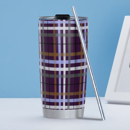 Gender Apathetic/Aubergine Tartan Plaid Hot/Cold Tumbler with Steel Straw (20oz )