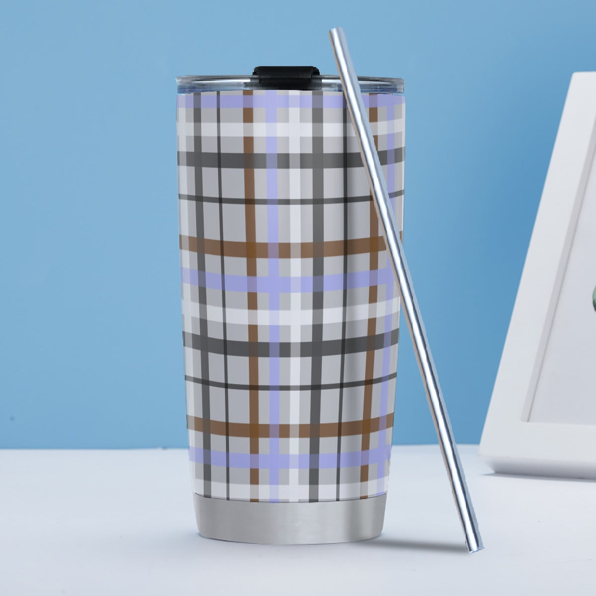 Gender Apathetic/Fog Tartan Plaid Hot/Cold Tumbler with Steel Straw (20oz )