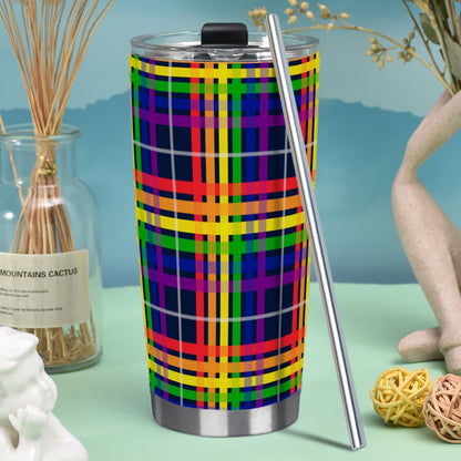 Rainbow/Navy Tartan Plaid Hot/Cold Tumbler with Steel Straw (20oz )