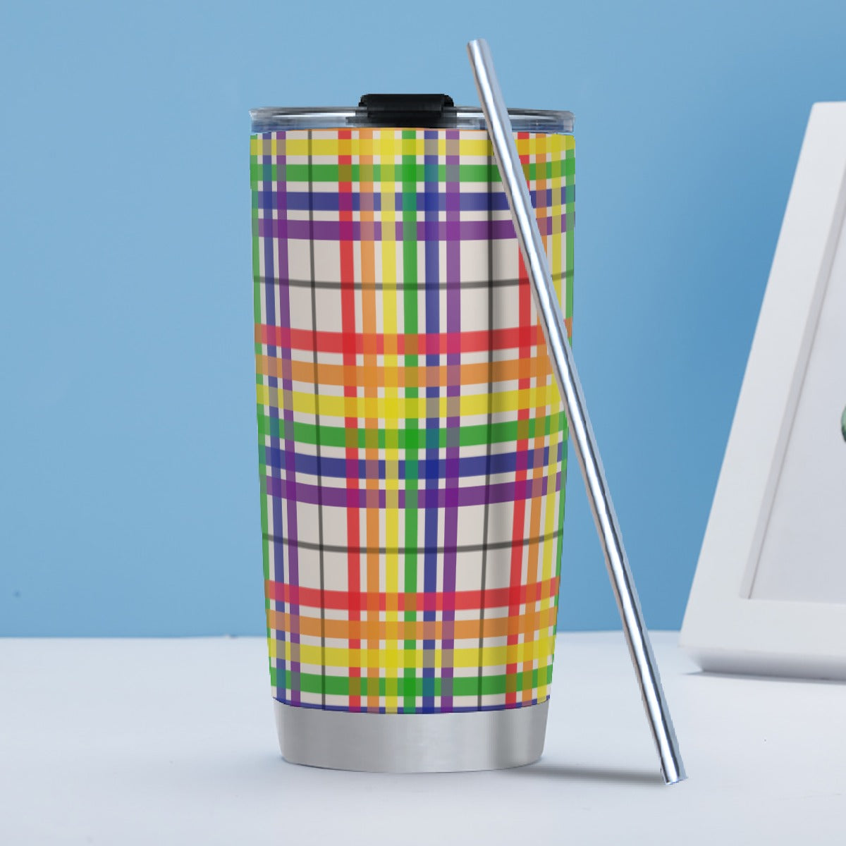 Rainbow/Buttermilk Tartan Plaid Hot/Cold Tumbler with Steel Straw (20oz )